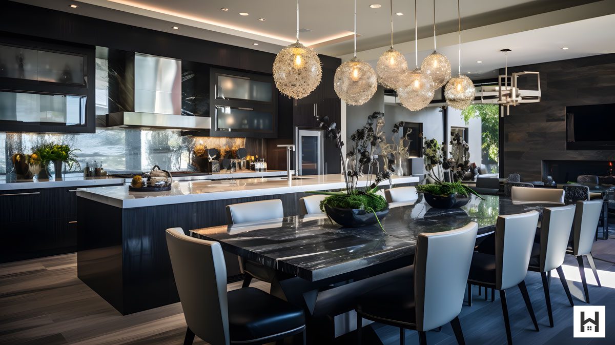 the luxurious kitchen and dining area